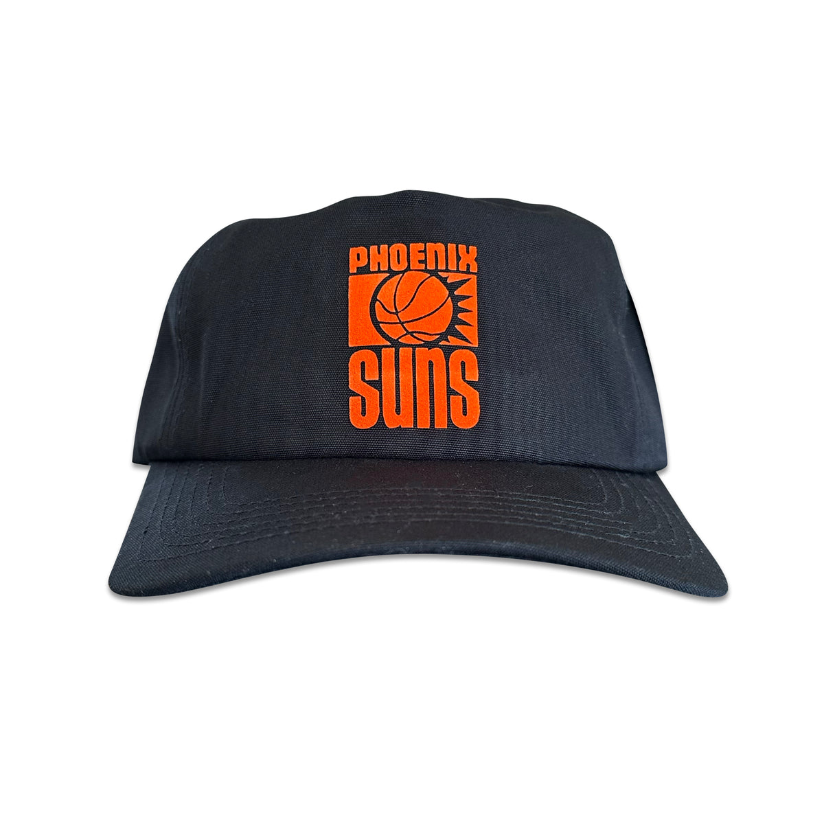 Vintage Phoenix Suns Hat | 5 Panel Black Snapback Hat in black with a vibrant orange Phoenix Suns logo from My Store for the Basketball collection
