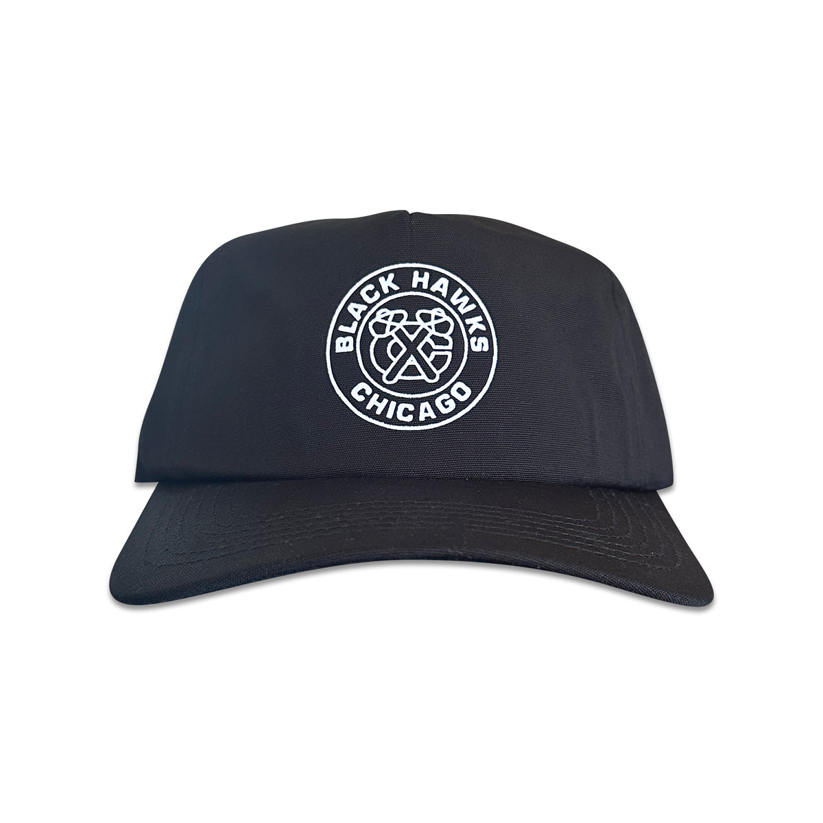 Vintage Chicago Blackhawks Hat | 5 Panel Black Snapback Hat, black cap with circular Blackhawks logo and curved brim from My Store.