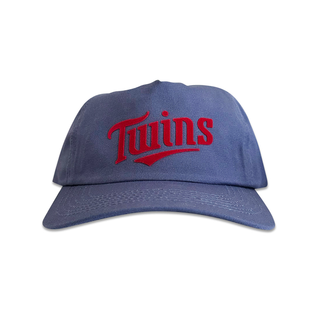Vintage Minnesota Twins Hat | 5 Panel Snapback Hat, navy unstructured cap with red flocked Twins logo from My Store, featured in Home page, Baseball, Hot Off The Press