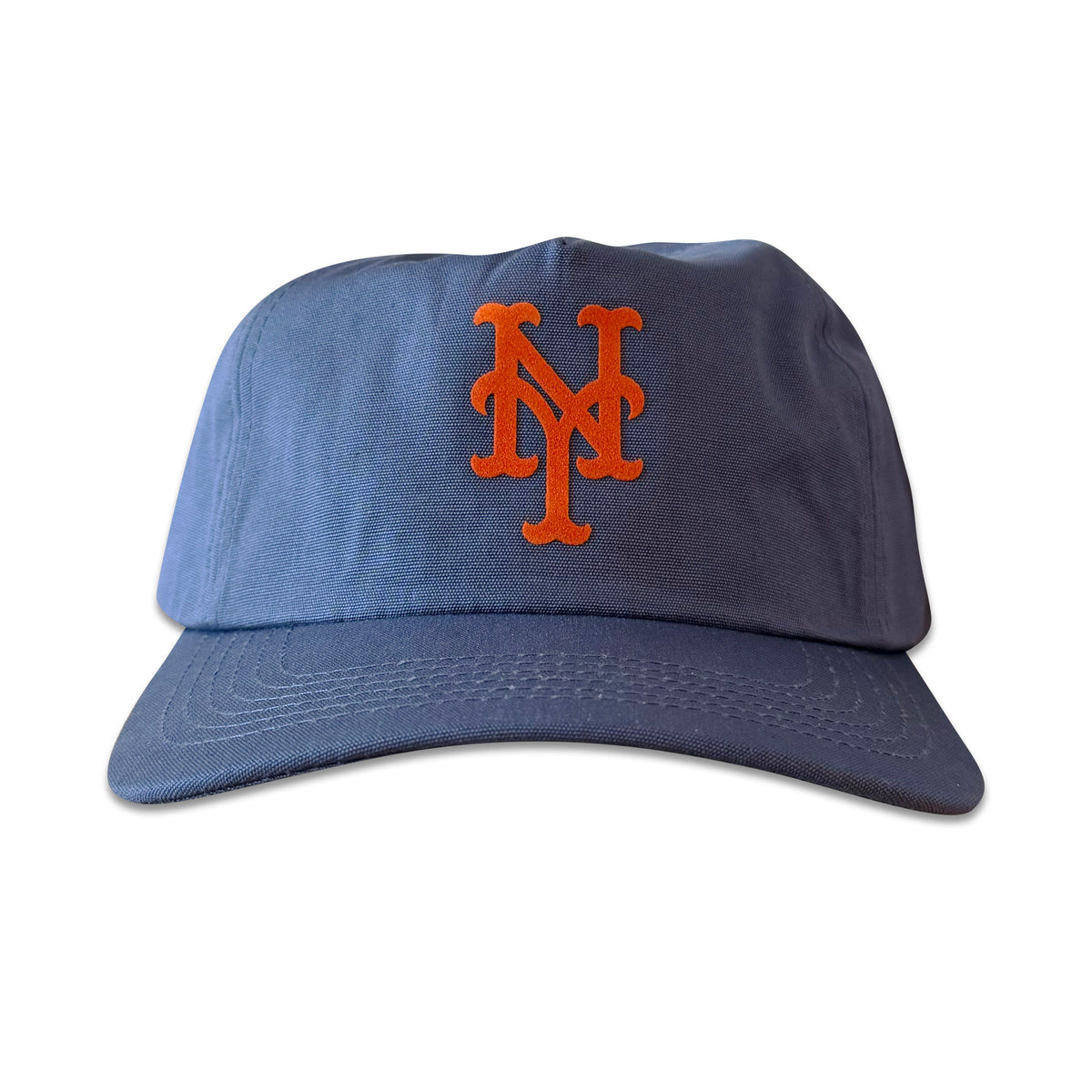 Vintage New York Mets 1960's Hat | 5 Panel Snapback Hat in navy blue with orange Mets logo, shown from the front on a white background