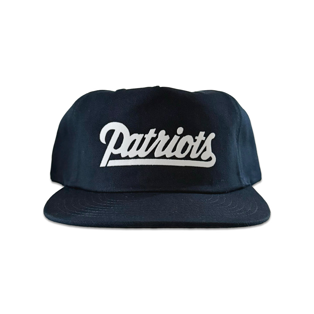 Vintage New England Patriots Script Hat | 5 Panel Snapback Hat, navy hat with white Patriots script logo and flat brim from My Store