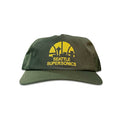 Vintage Seattle Supersonics Hat | 5 Panel Snapback Hat in dark green with yellow Seattle Supersonics skyline logo, front view, from My Store