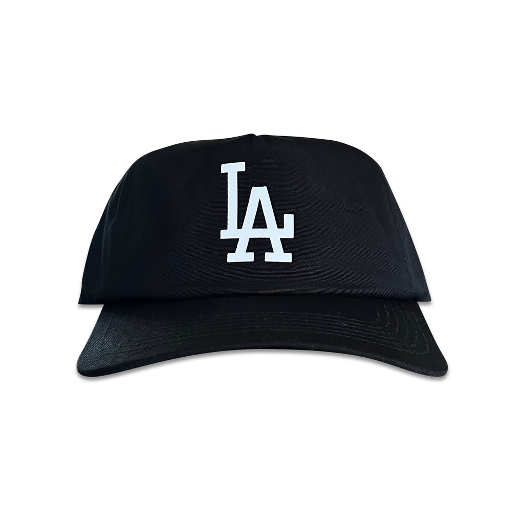 Vintage Los Angeles Dodgers Hat | 5 Panel Black Snapback Hat with white LA logo, front view. My Store collection: Home page, Baseball, Hot Off The Press