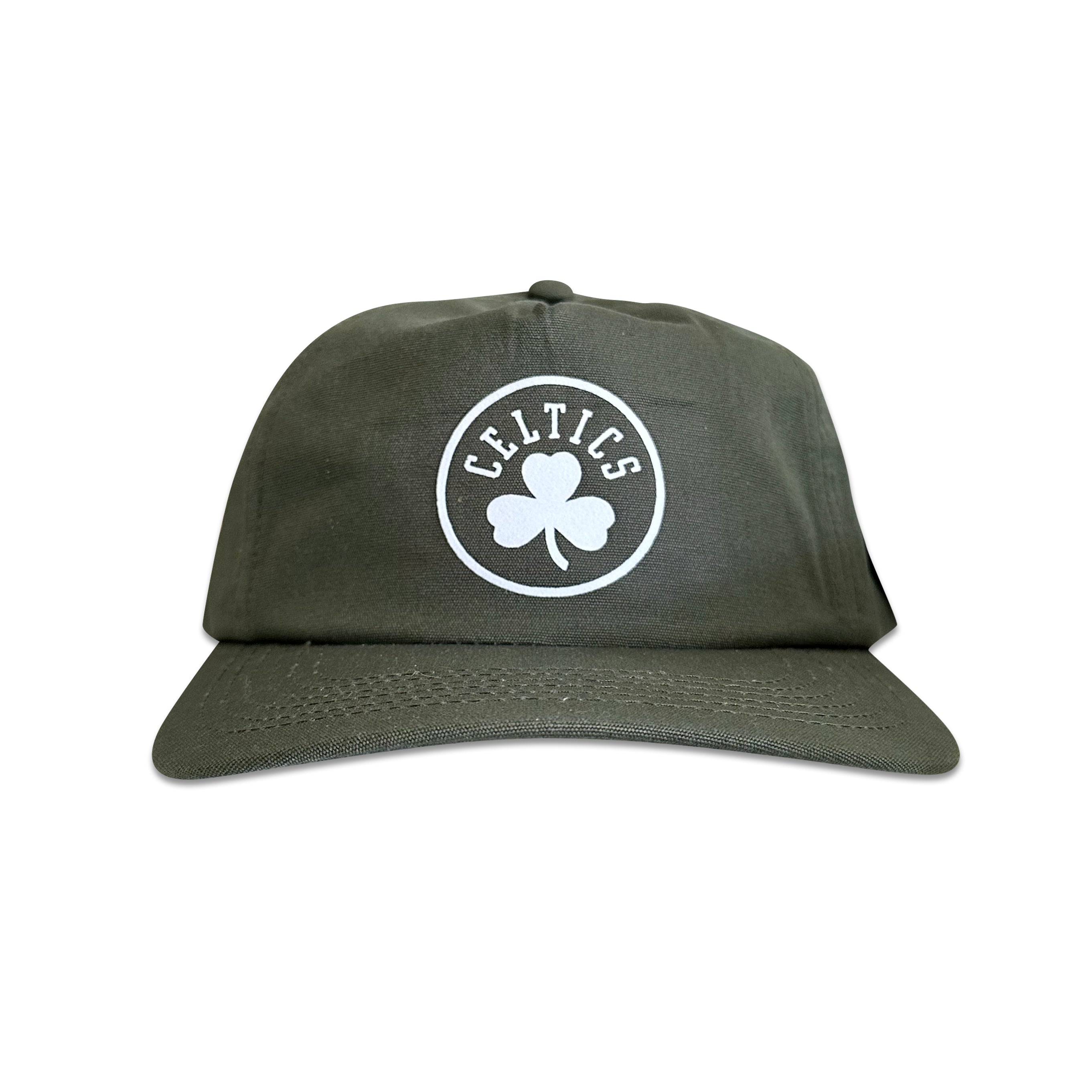Vintage Boston Celtics Hat | 5 Panel Snapback Hat in forest green with a white Celtics shamrock logo and curved brim, from My Store Basketball collection