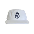 Vintage Real Madrid Hat | 6 Panel Snapback Hat in white with a navy Real Madrid crest on the front and a classic flat brim silhouette