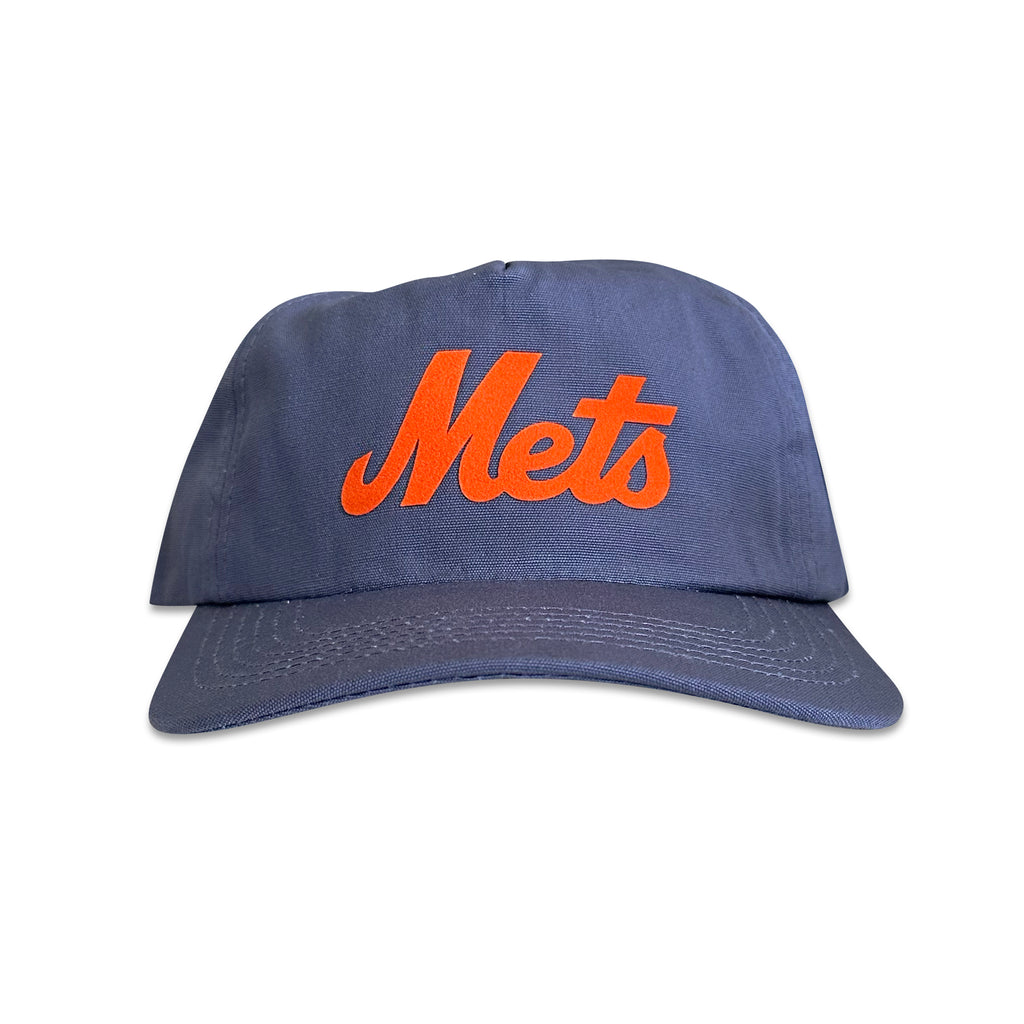 Vintage New York Mets Hat | 5 Panel Snapback Hat in navy with orange Mets lettering, from My Store, featured in Home page and Baseball collections