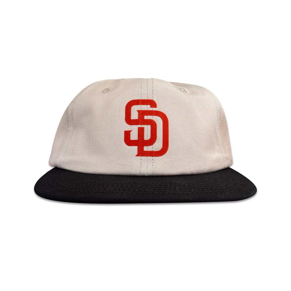 Vintage San Diego Padres Hat | 6 Panel Strapback Hat, cream six panel cap with black brim and red Padres SD logo by My Store