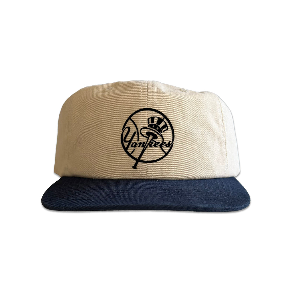 Vintage New York Yankees Bat and Hat Hat | 6 Panel Snapback Hat, cream and navy cap with Yankees bat and hat circle logo by My Store