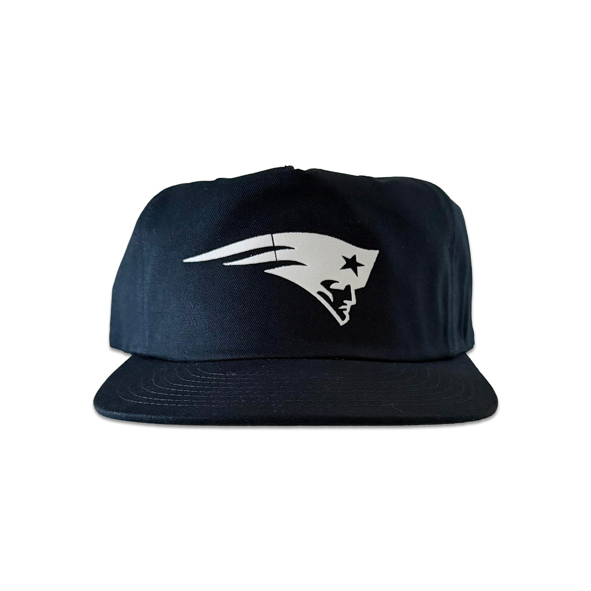 Vintage New England Patriots Hat | 5 Panel Snapback Hat in navy with a silver Patriots logo and flat brim, by My Store