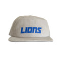 Vintage Detroit Lions Hat | 6 Panel Snapback in beige with blue Lions lettering, front view. My Store, Home page, Football.