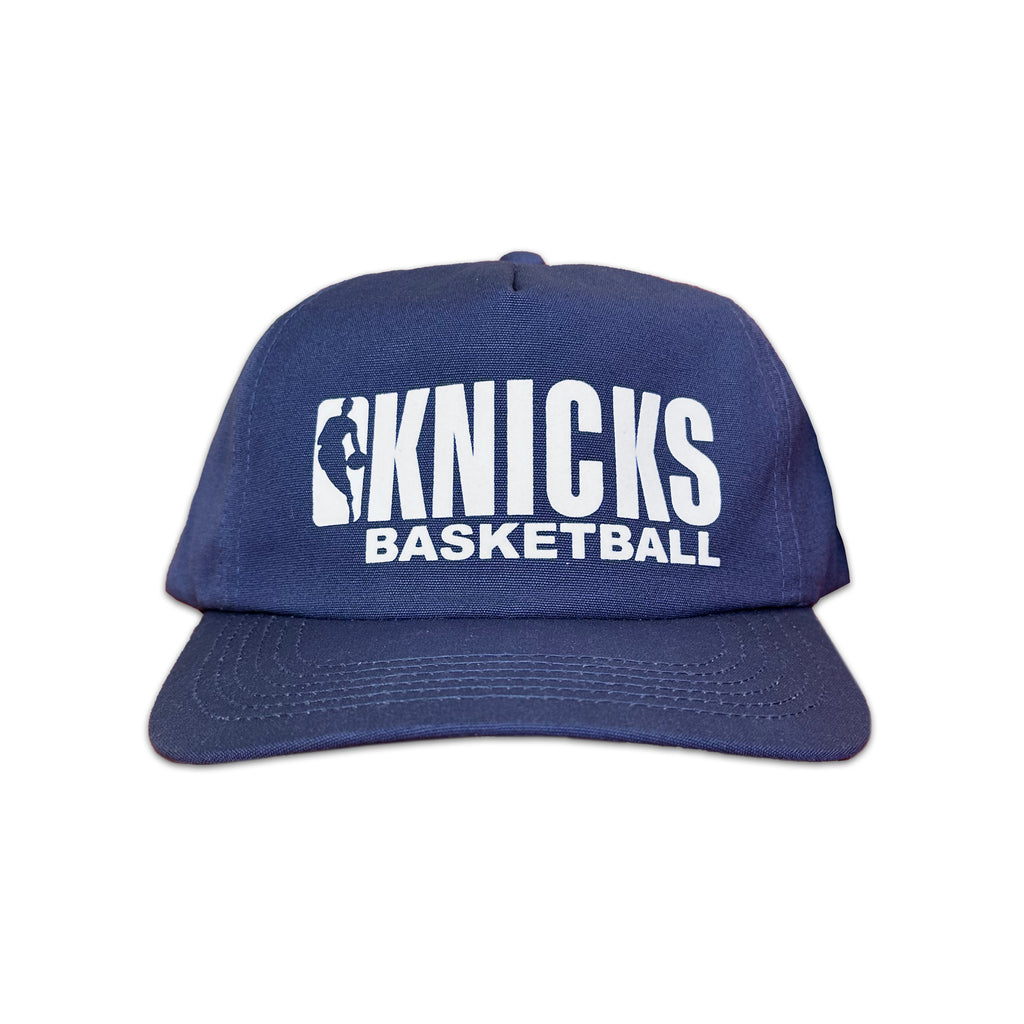 Vintage New York Knicks Basketball Hat | 5 Panel Snapback Hat in navy blue with white Knicks Basketball lettering and logo, by My Store, featured in Home page and Basketball