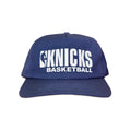 Vintage New York Knicks Basketball Hat | 5 Panel Snapback Hat in navy blue with white Knicks Basketball lettering and logo, by My Store, featured in Home page and Basketball