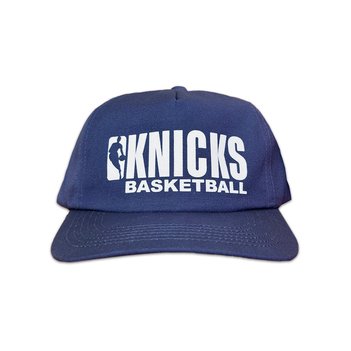 Vintage New York Knicks Basketball Hat | 5 Panel Snapback Hat in navy blue with white Knicks Basketball lettering and logo, by My Store, featured in Home page and Basketball