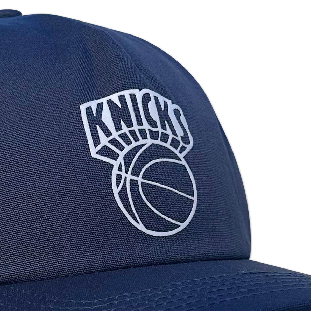 Vintage New York Knicks Hat | 5 Panel Snapback Hat | Inverse, navy five panel hat with white Knicks basketball logo by My Store for Basketball collection