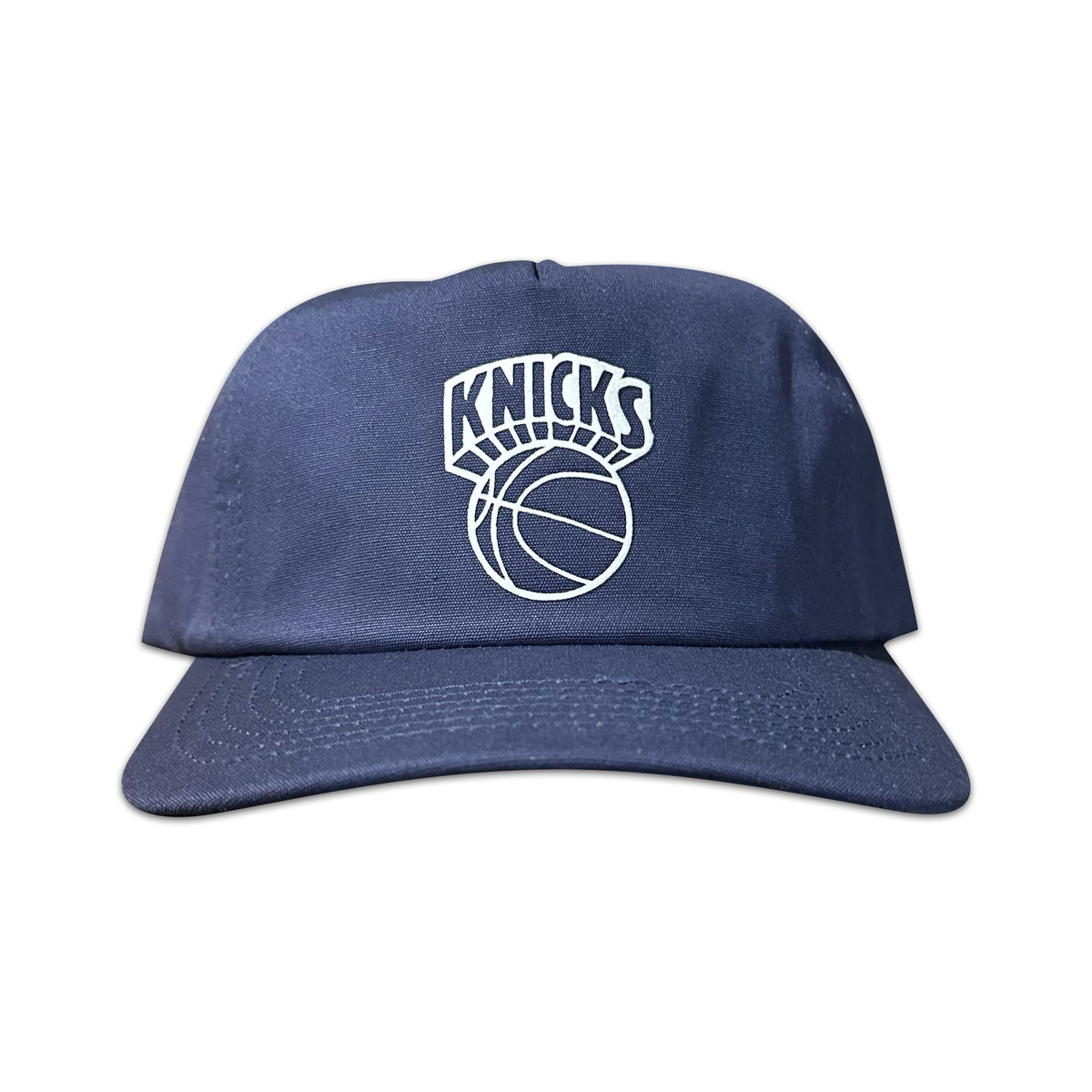 Vintage New York Knicks Hat | 5 Panel Snapback Hat | Inverse, navy hat with white Knicks basketball logo from My Store's Home page and Basketball collection