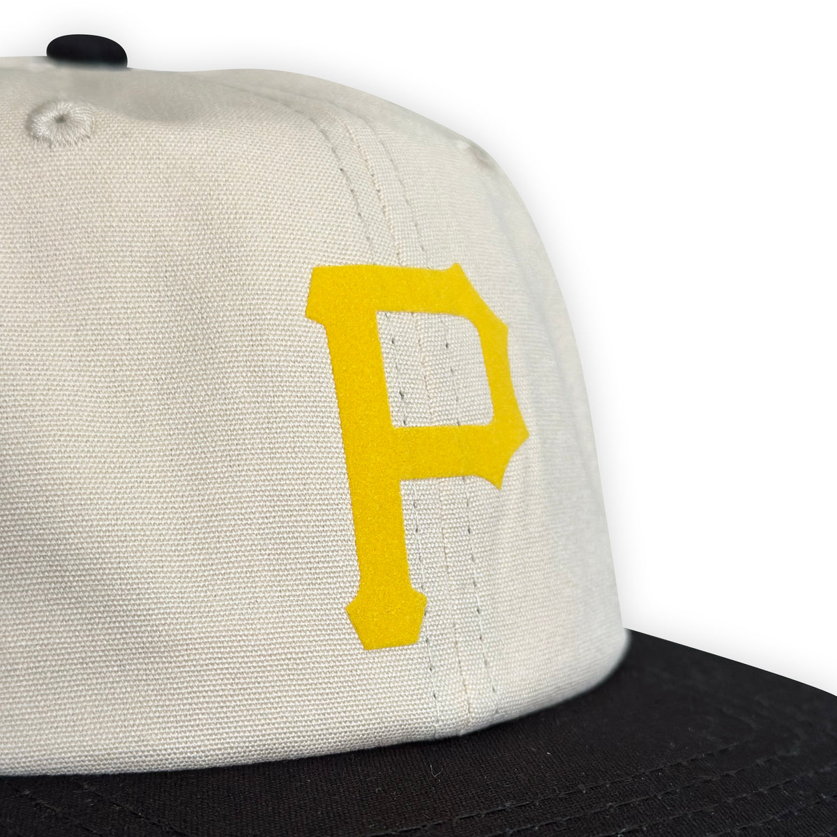 Vintage Pittsburgh Pirates Hat | 6 Panel Strapback Hat with cream crown, black brim, and yellow P patch by My Store for Home page and Baseball