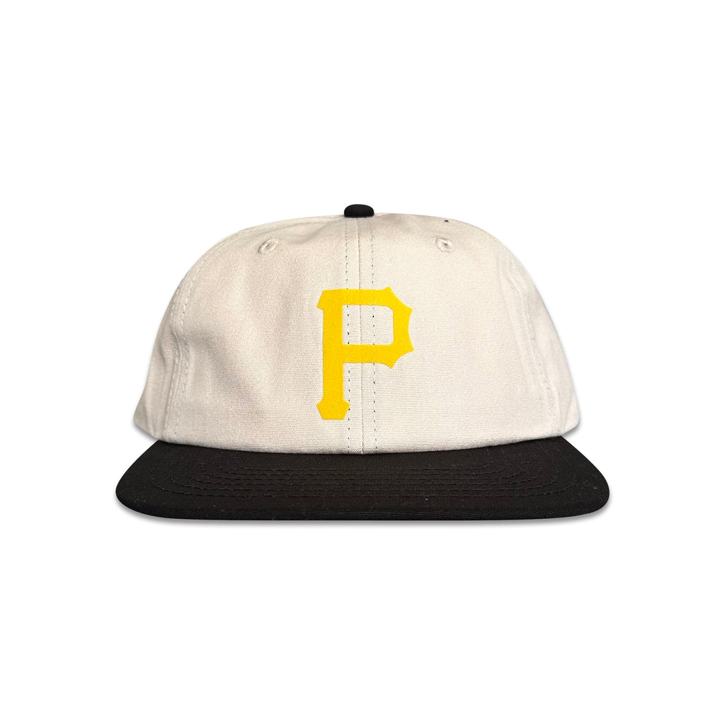 Vintage Pittsburgh Pirates Hat | 6 Panel Strapback Hat, cream and black cap with yellow P logo by My Store for Home page and Baseball