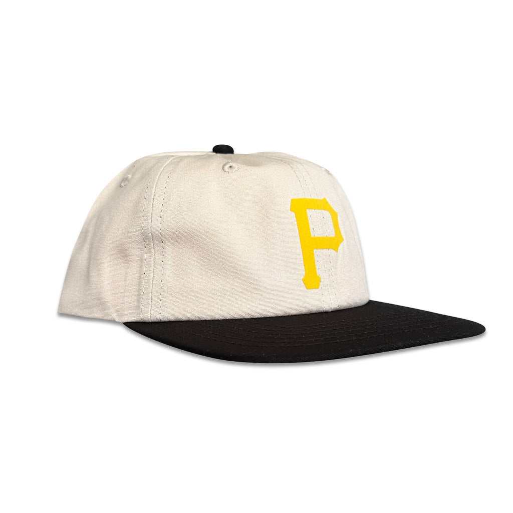 Vintage Pittsburgh Pirates Hat | 6 Panel Strapback Hat in cream and black with yellow P logo from My Store for Home page and Baseball collections