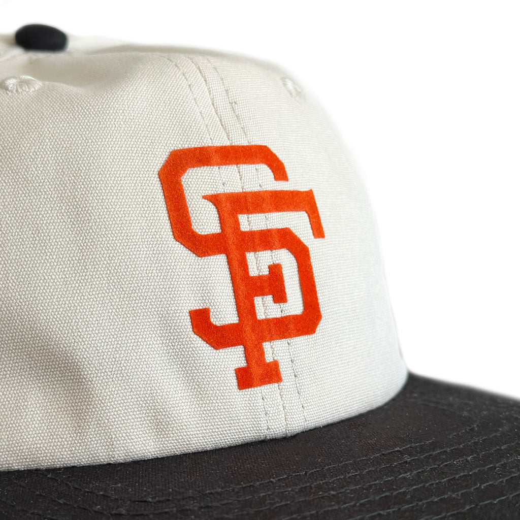 Vintage San Francisco Giants Hat | 6 Panel Strapback Hat, cream crown, black brim, and orange embroidered SF logo by My Store for Baseball collection