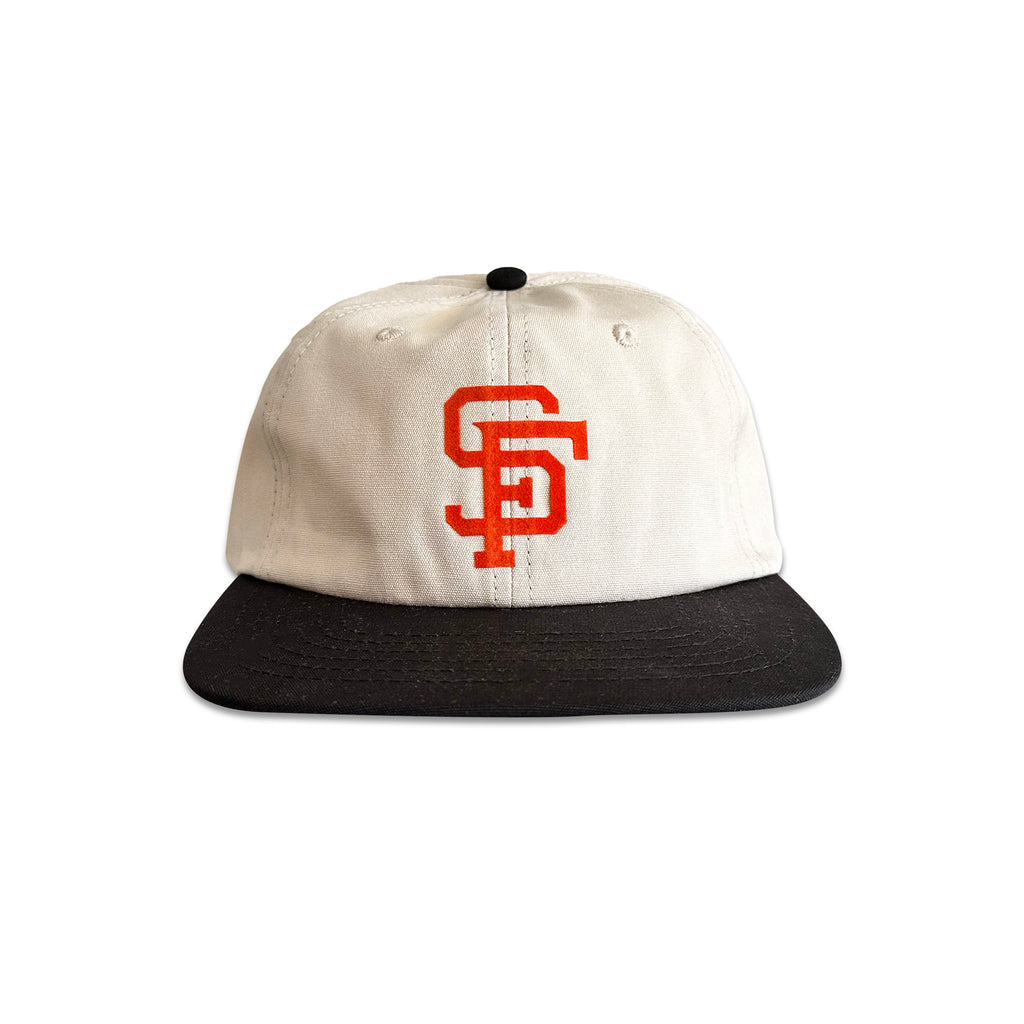 Vintage San Francisco Giants Hat | 6 Panel Strapback Hat in cream and black with an orange Giants logo, curved brim, and classic six-panel design