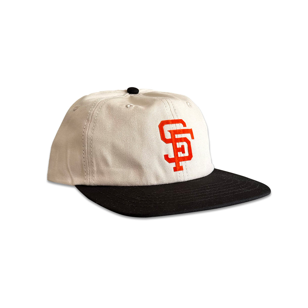 Vintage San Francisco Giants Hat | 6 Panel Strapback Hat in beige and black with orange SF logo, by My Store for Home page, Baseball, Featured Hats
