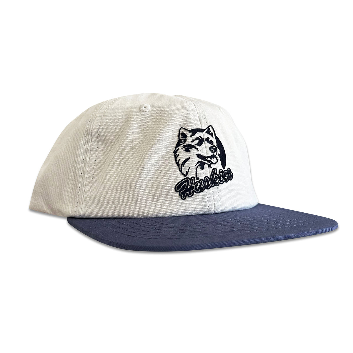 Vintage UConn Huskies Hat | 6 Panel Strapback Hat in cream and navy with a flocked Husky patch from My Store, featured in Home page, Basketball, College, and Featured Hats