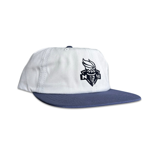New York Liberty Hat | 6 Panel Strapback Hat, white and navy cap with New York Liberty flocked logo patch from My Store for WNBA fans