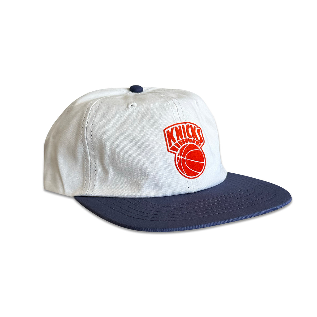 Vintage New York Knicks Hat | 6 Panel Strapback Hat by My Store, white and navy six-panel cap with Knicks basketball logo from the Basketball collection