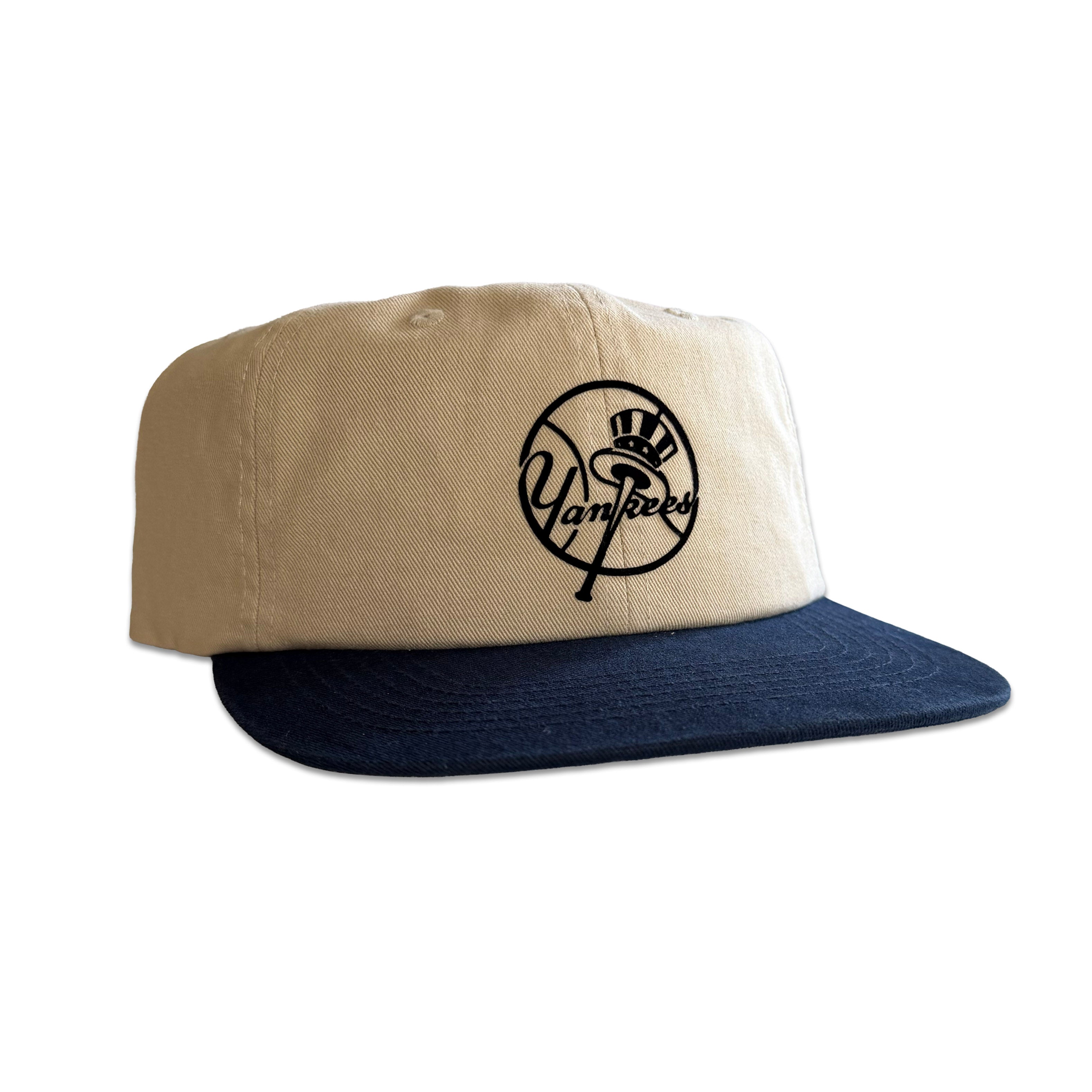 Vintage New York Yankees Bat and Hat Hat | 6 Panel Snapback Hat, tan and navy cap with Yankees bat and hat logo from My Store