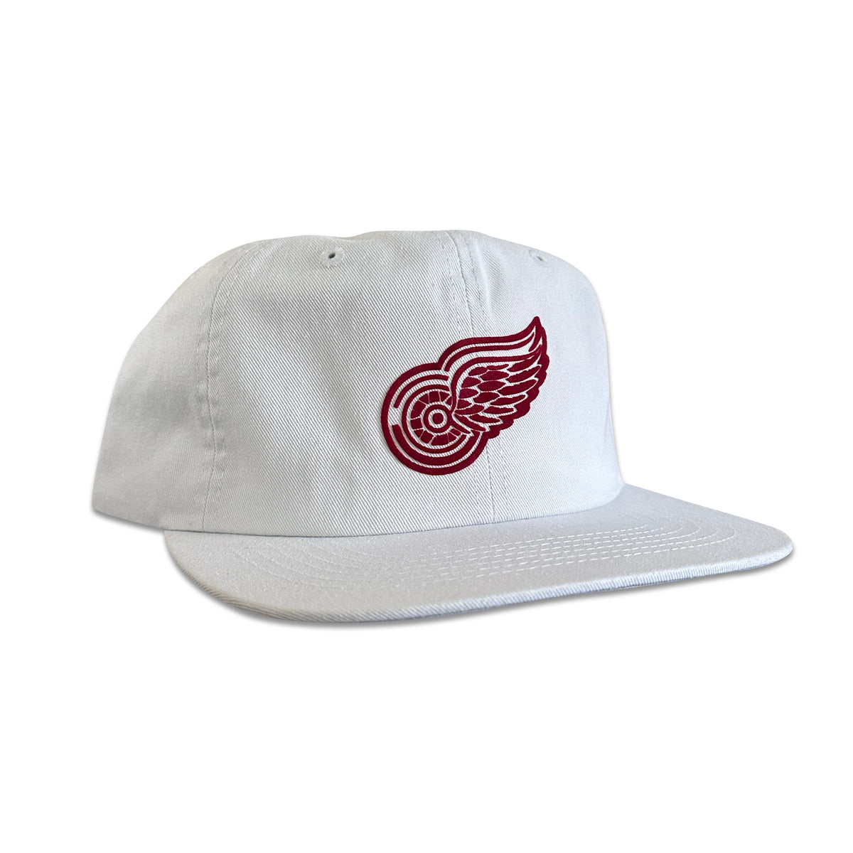 Vintage Detroit Red Wings Hat | 6 Panel Snapback Hat in white with maroon winged wheel logo and flat brim, by My Store for Home page, Hockey