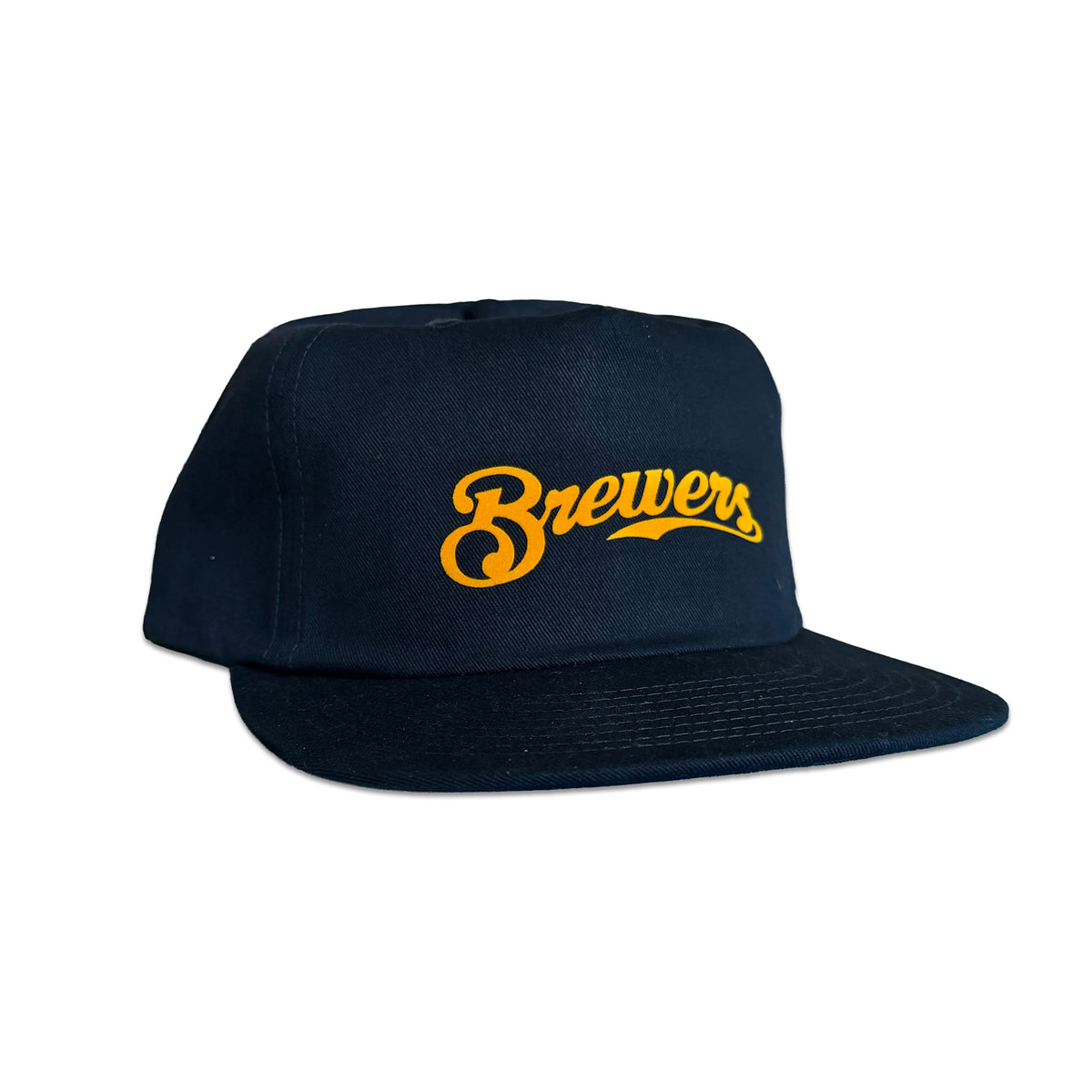 Vintage Milwaukee Brewers Hat | 5 Panel Snapback Hat in navy with a yellow Brewers script logo and flat brim, by My Store