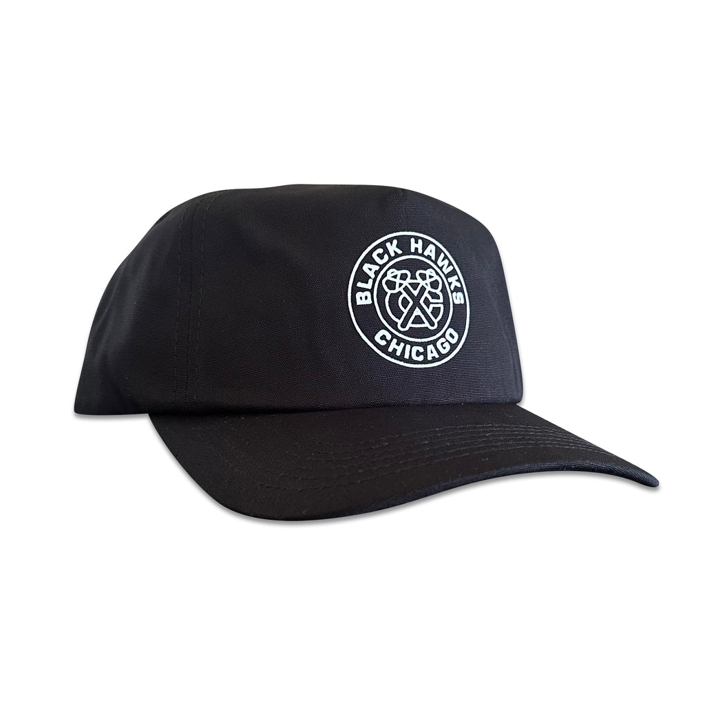 Vintage Chicago Blackhawks Hat | 5 Panel Black Snapback Hat with circular team logo on the front by My Store