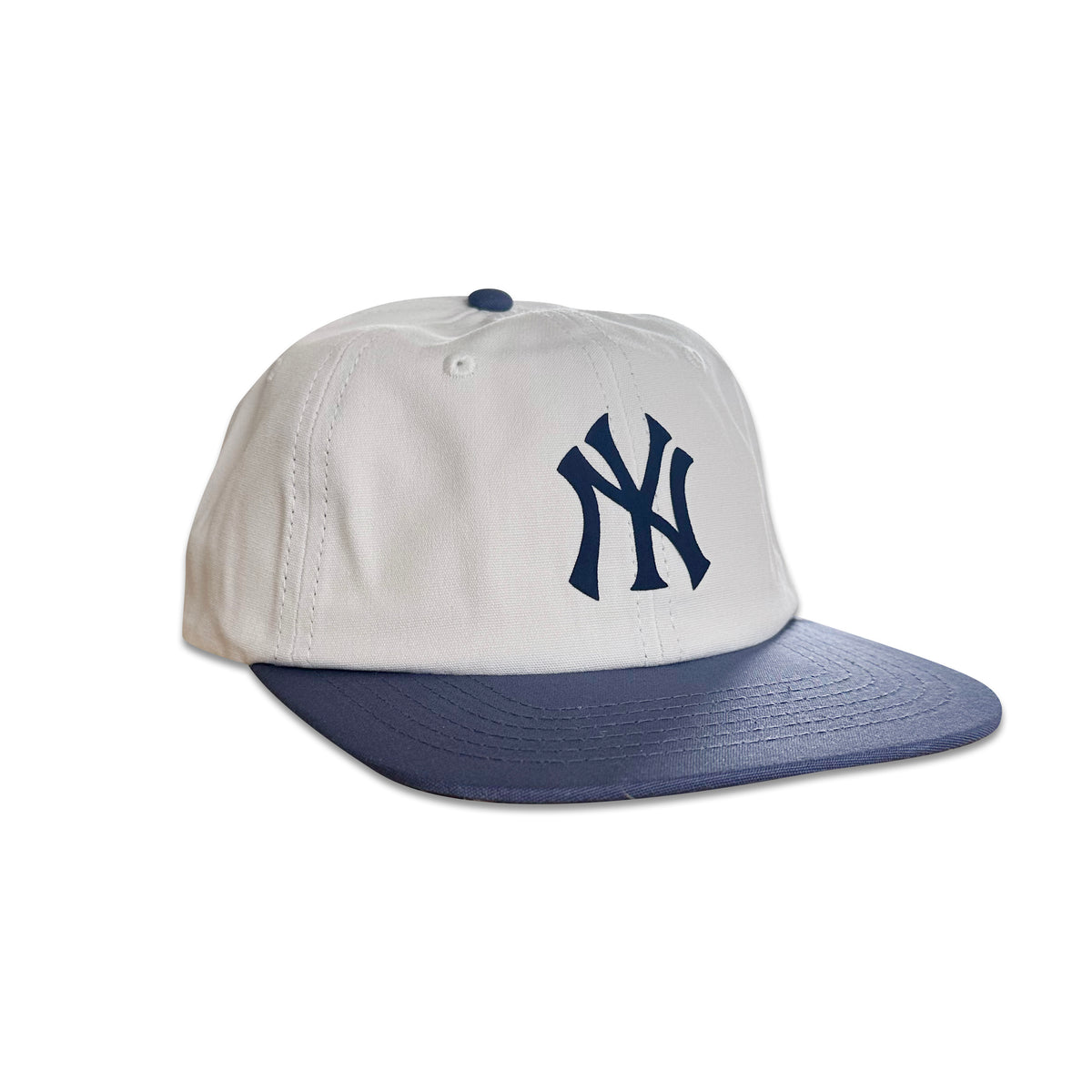 Vintage New York Yankees Hat | 6 Panel Strapback Hat, white and navy cap with Yankees logo and flat brim from My Store
