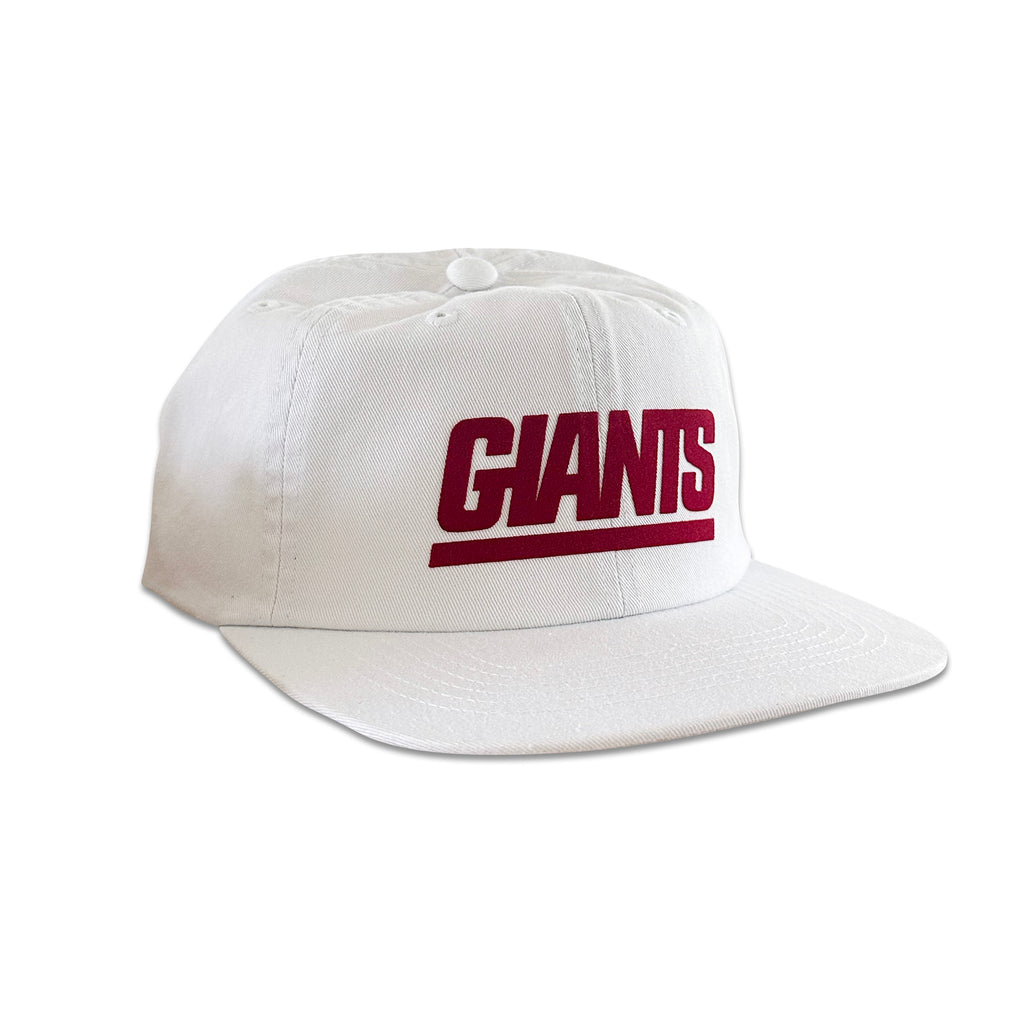 Vintage New York Giants Hat | 6 Panel Snapback Hat, white six-panel cap with a red Giants logo on the front from My Store