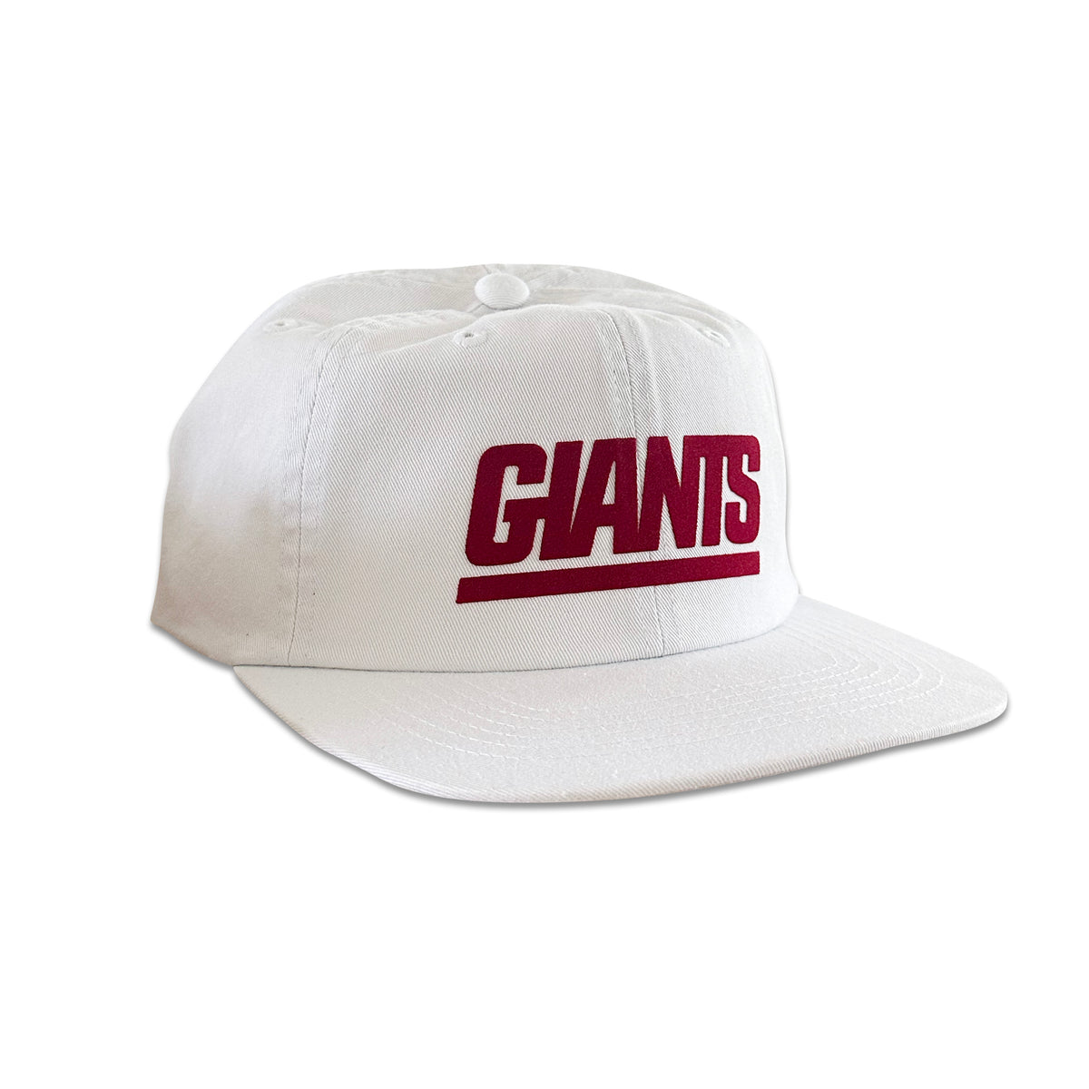 Vintage New York Giants Hat | 6 Panel Snapback Hat, white six-panel cap with a red Giants logo on the front from My Store