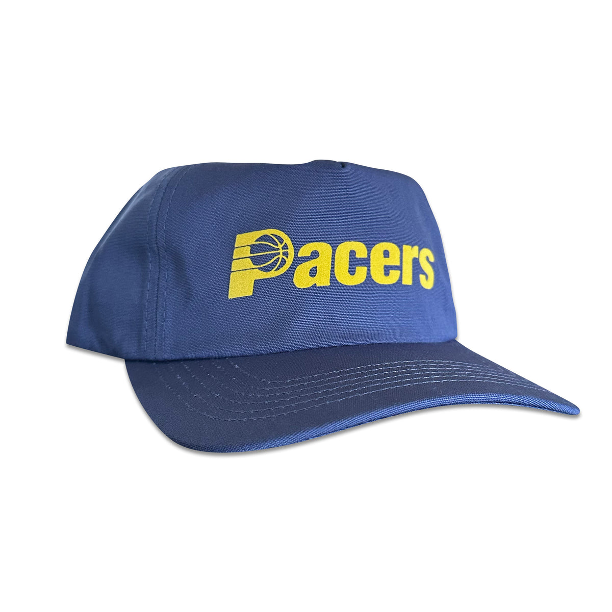 Vintage Indiana Pacers Hat | 5 Panel Snapback Hat in navy blue with yellow Pacers logo and curved brim from My Store, in Home page and Basketball collections