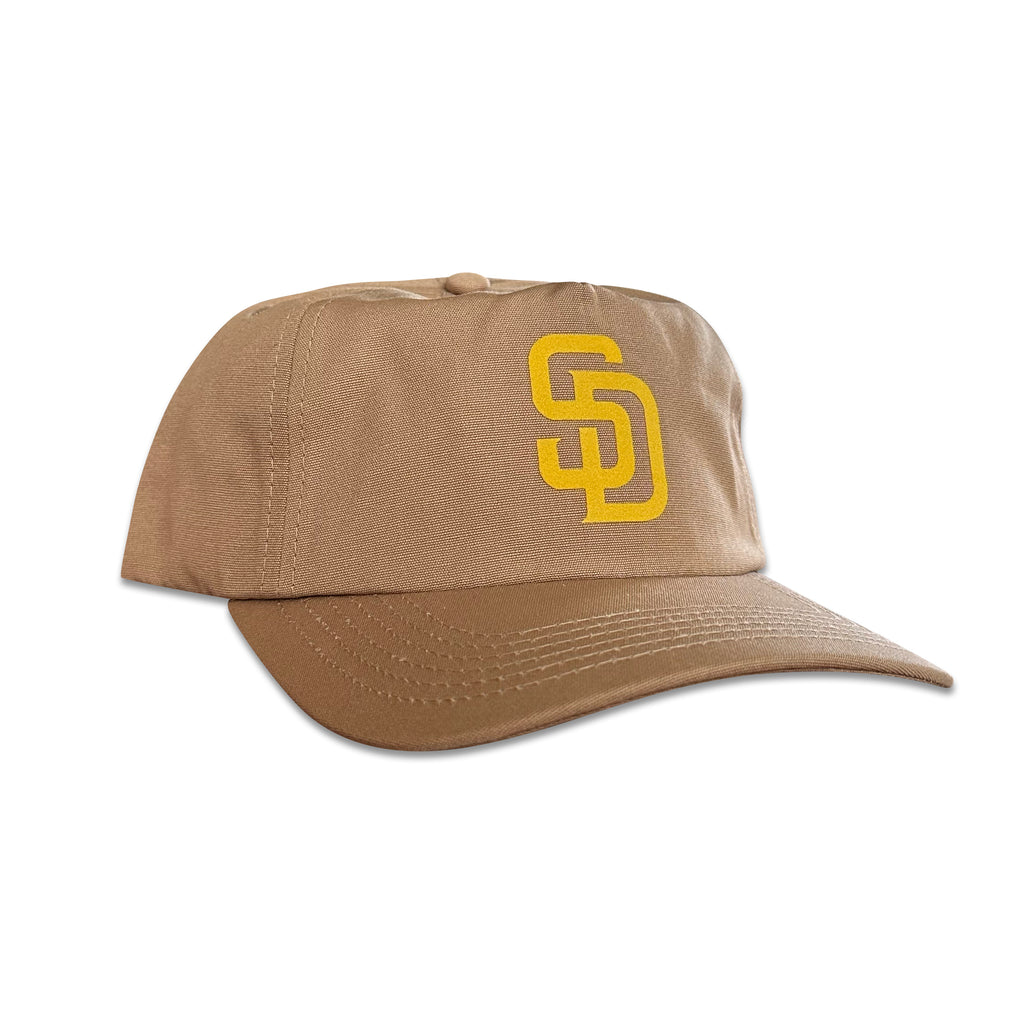 Vintage San Diego Padres Hat | 5 Panel Snapback Hat in khaki with yellow Padres logo, from My Store, Home page and Baseball collection