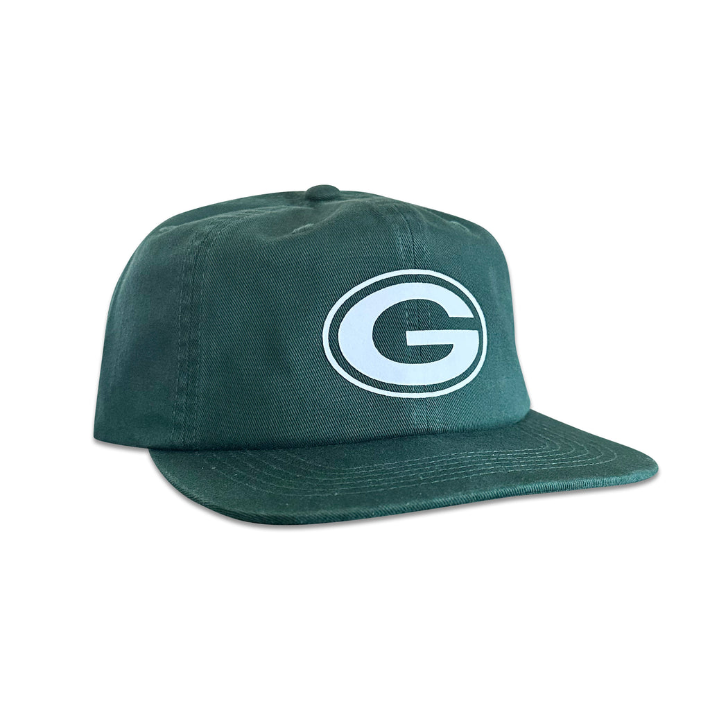 Vintage Green Bay Packers Hat | 6 Panel Snapback Hat, green six panel cap with white G logo and flat brim from My Store