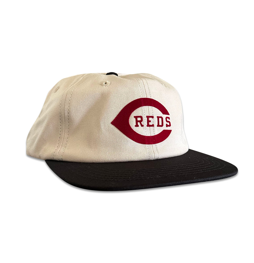 Vintage Cincinnati Reds Hat | 6 Panel Strapback Hat in cream with black brim and red Reds logo by My Store