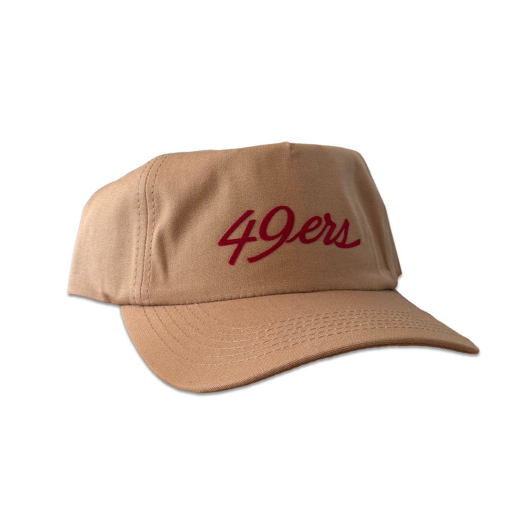 Vintage San Francisco 49ers Script Hat | 5 Panel Snapback Hat in tan with a red script logo and curved brim by My Store