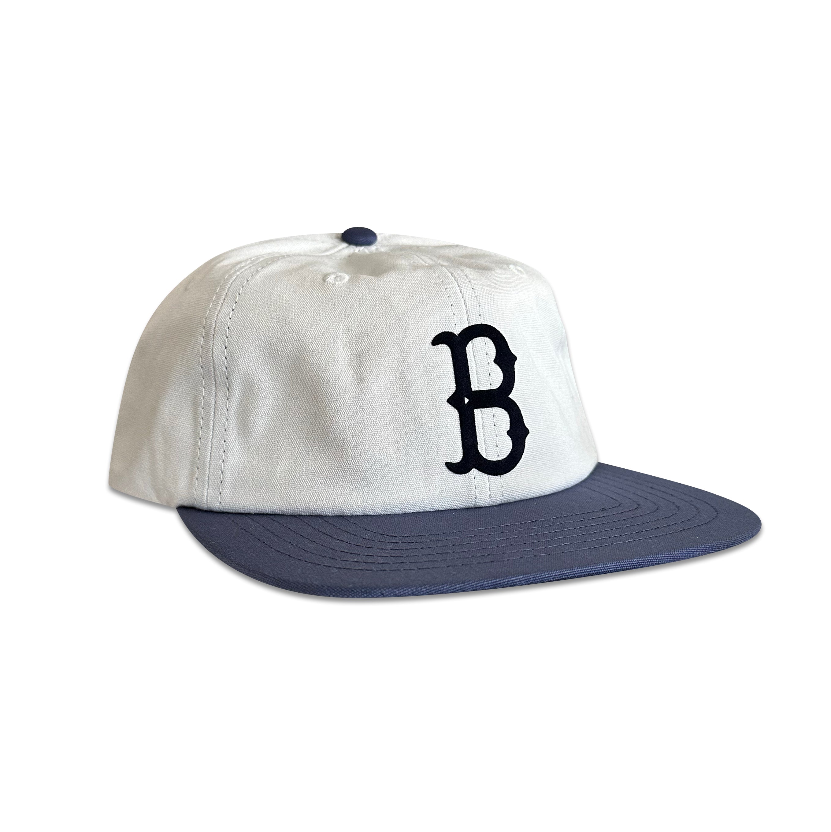 Vintage Brooklyn Dodgers Hat | 6 Panel Strapback Hat in cream and navy with embroidered B logo and flat brim, by My Store for Home page, Baseball