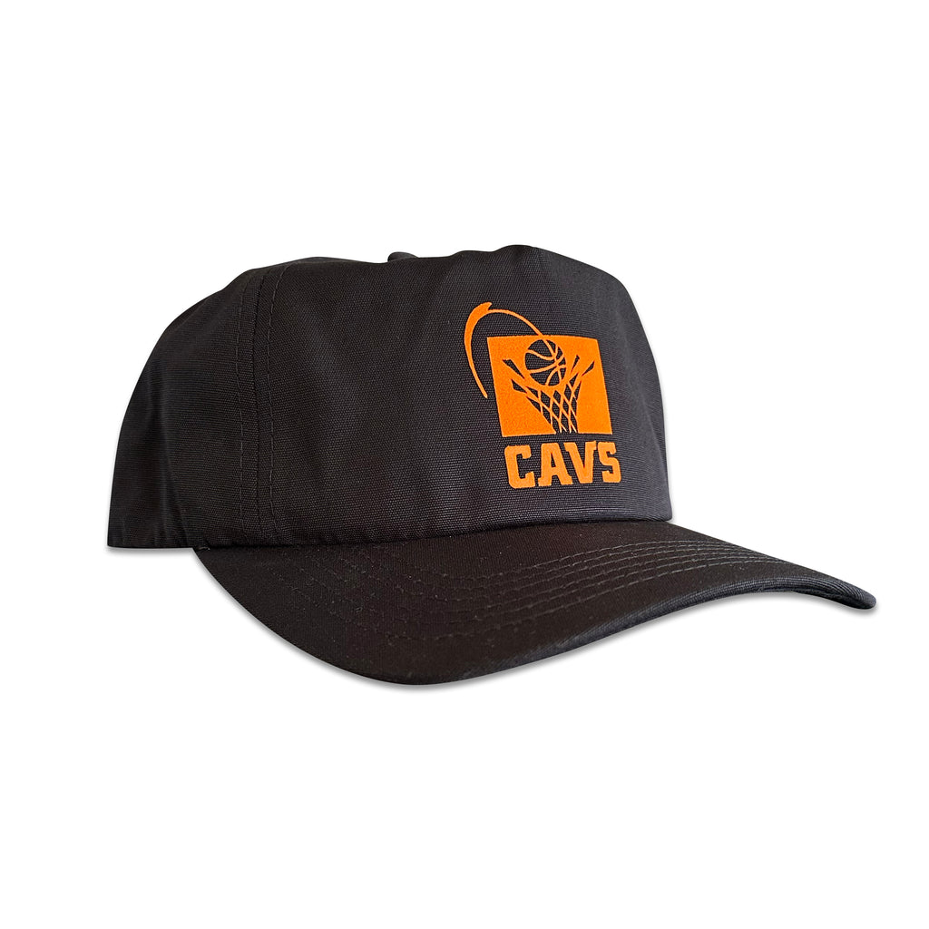 Vintage Cleveland Cavaliers Hat | 5 Panel Black Snapback Hat, black hat with orange Cavaliers basketball logo by My Store for Home page and Basketball