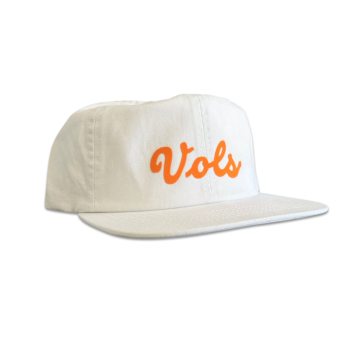 Vintage Tennessee Volunteers Hat | 6 Panel Snapback Hat in cream cotton twill with orange Vols script, shown by My Store for Home page, College