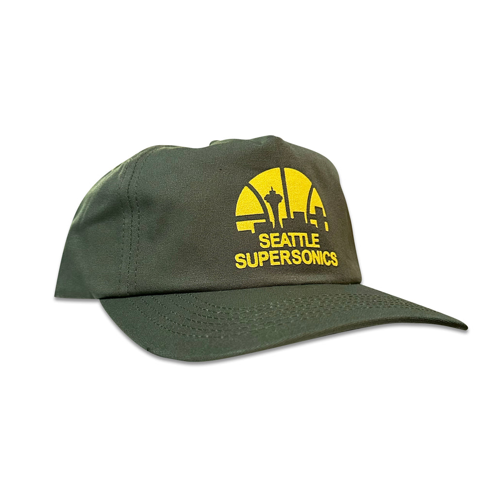 Vintage Seattle Supersonics Hat | 5 Panel Snapback Hat in dark green with yellow logo, by My Store for Home page, Basketball, and Featured Hats