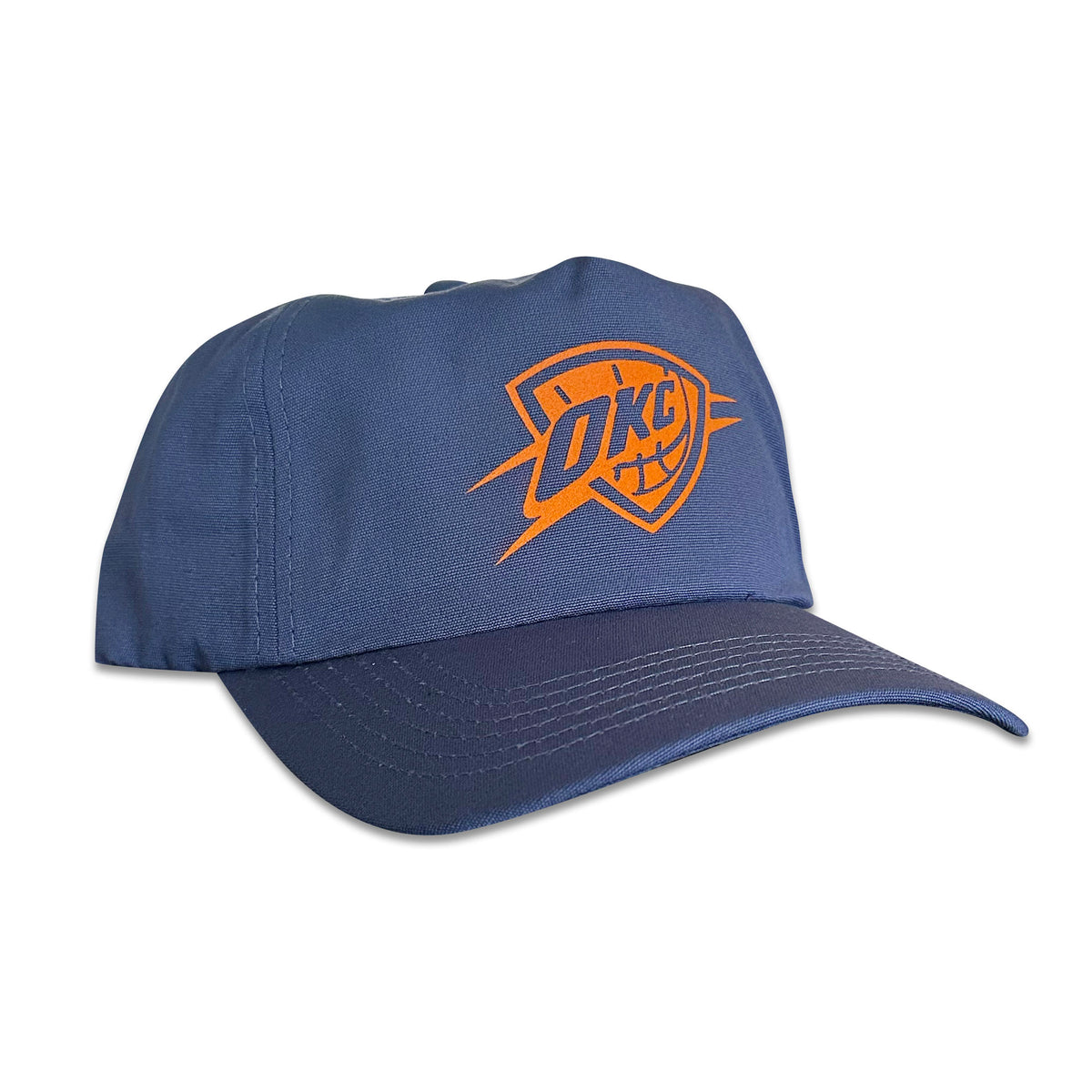 Vintage Oklahoma City Thunder Basketball Hat | 5 Panel Snapback Hat in navy blue with orange OKC logo on front