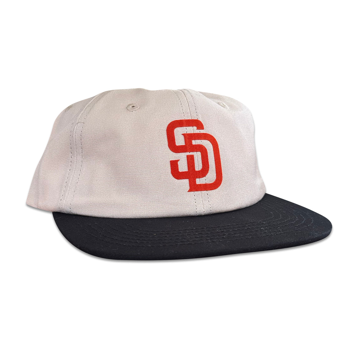 Vintage San Diego Padres Hat | 6 Panel Strapback Hat by My Store, cream and black two-tone cap with a red Padres logo from the Baseball collection