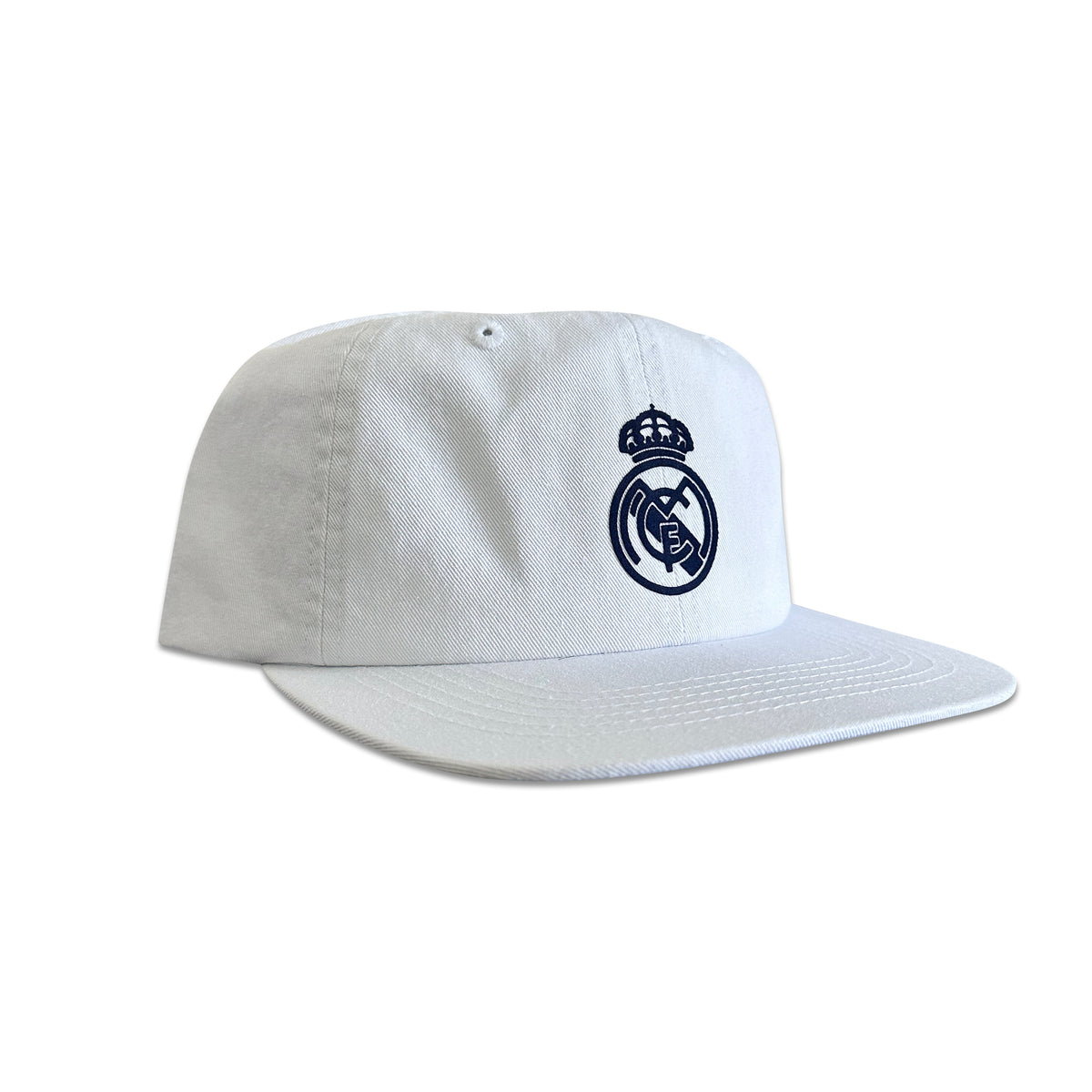 Vintage Real Madrid Hat | 6 Panel Snapback Hat, white six-panel snapback with Real Madrid crest, by My Store for Home page, Soccer, Hot Off The Press