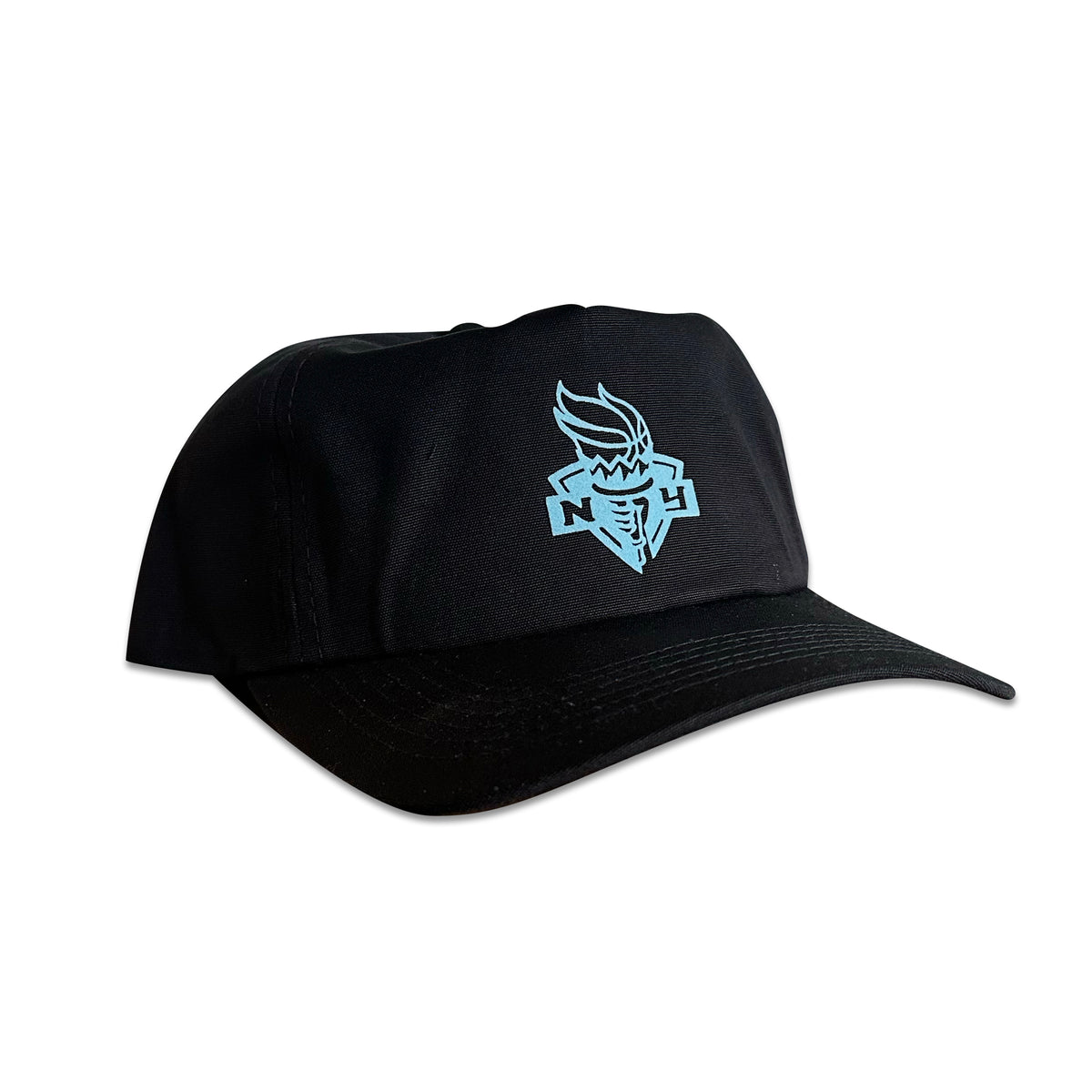 Vintage New York Liberty Hat | 5 Panel Black Snapback Hat, black cap with light blue flocked New York Liberty patch from My Store for WNBA and Home page