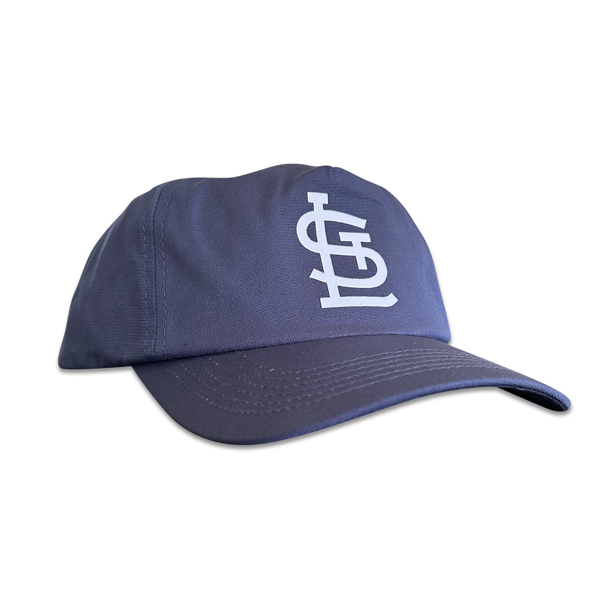 Vintage St. Louis Cardinals Hat | 5 Panel Snapback Hat in navy with embroidered Cardinals logo, shown by My Store for Home page, Baseball, Hot Off The Press.