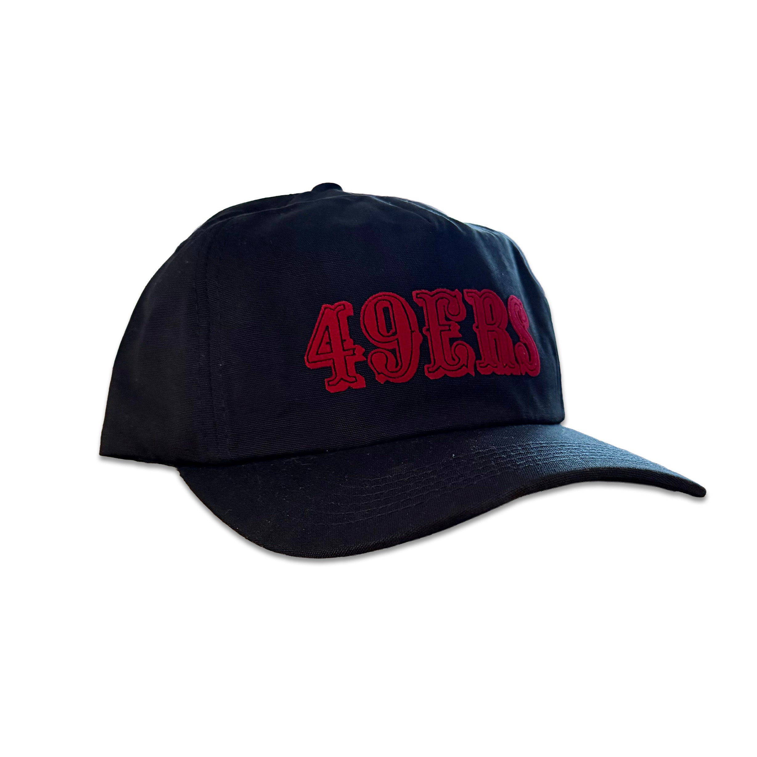 Vintage San Francisco 49ers Hat | 5 Panel Black Snapback Hat, black cap with red 49ers lettering from My Store for Football collections